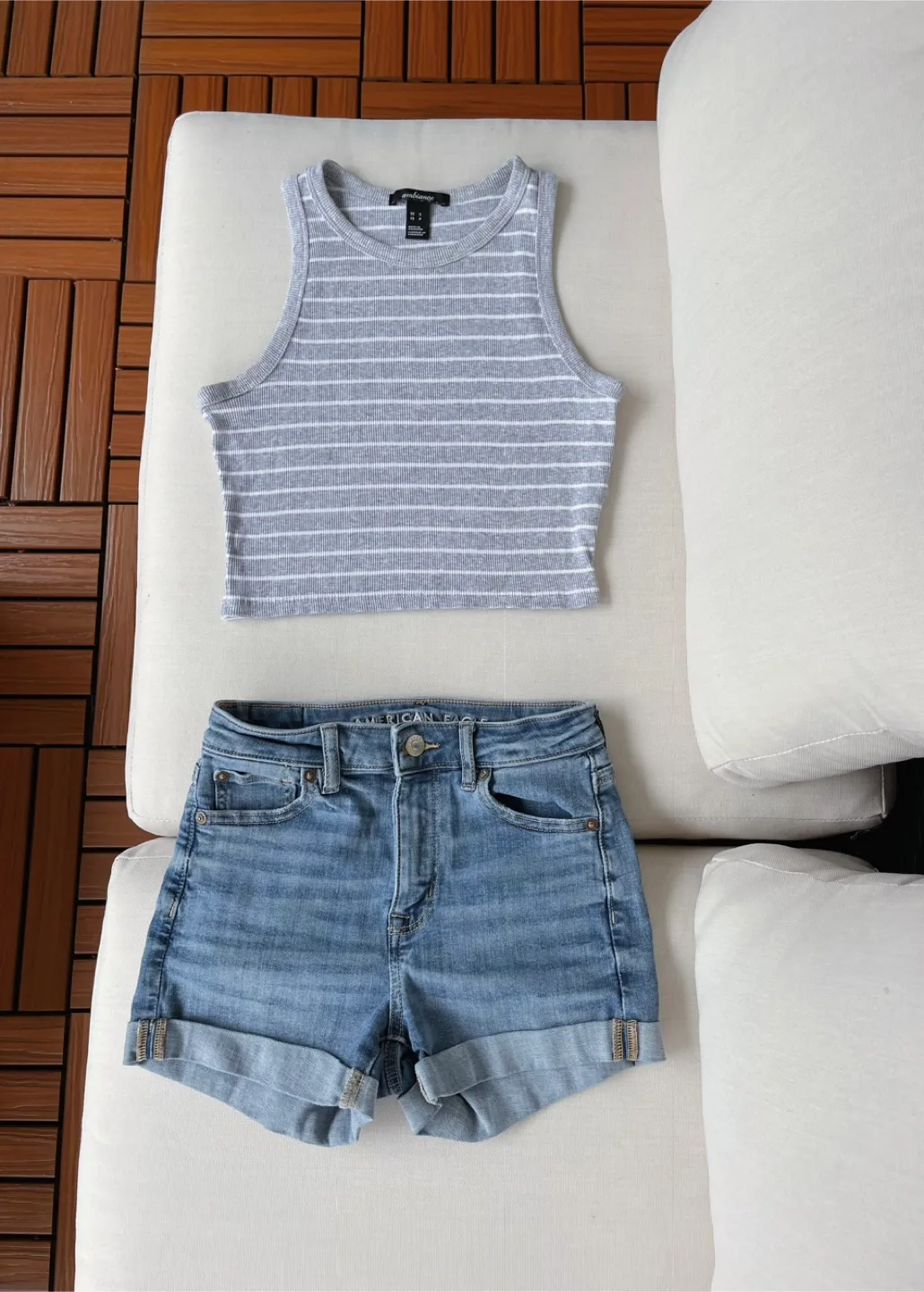 Ambiance Striped Tank Top & AE Denim Shorts Set thumbnail