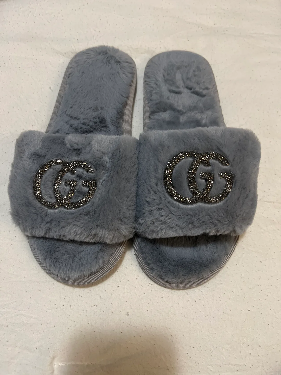 Gray Furry Slides with Rhinestone Logo, Size 8-9 thumbnail