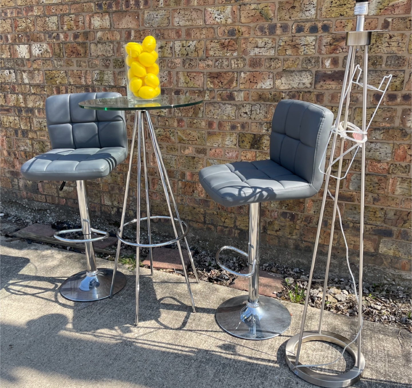 Gray Swivel Bar Stools high top table & lamp