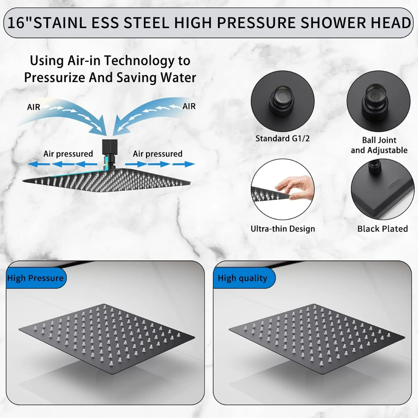 16 Inch Square Stainless Steel Matte Black Shower Head image indicator(3)