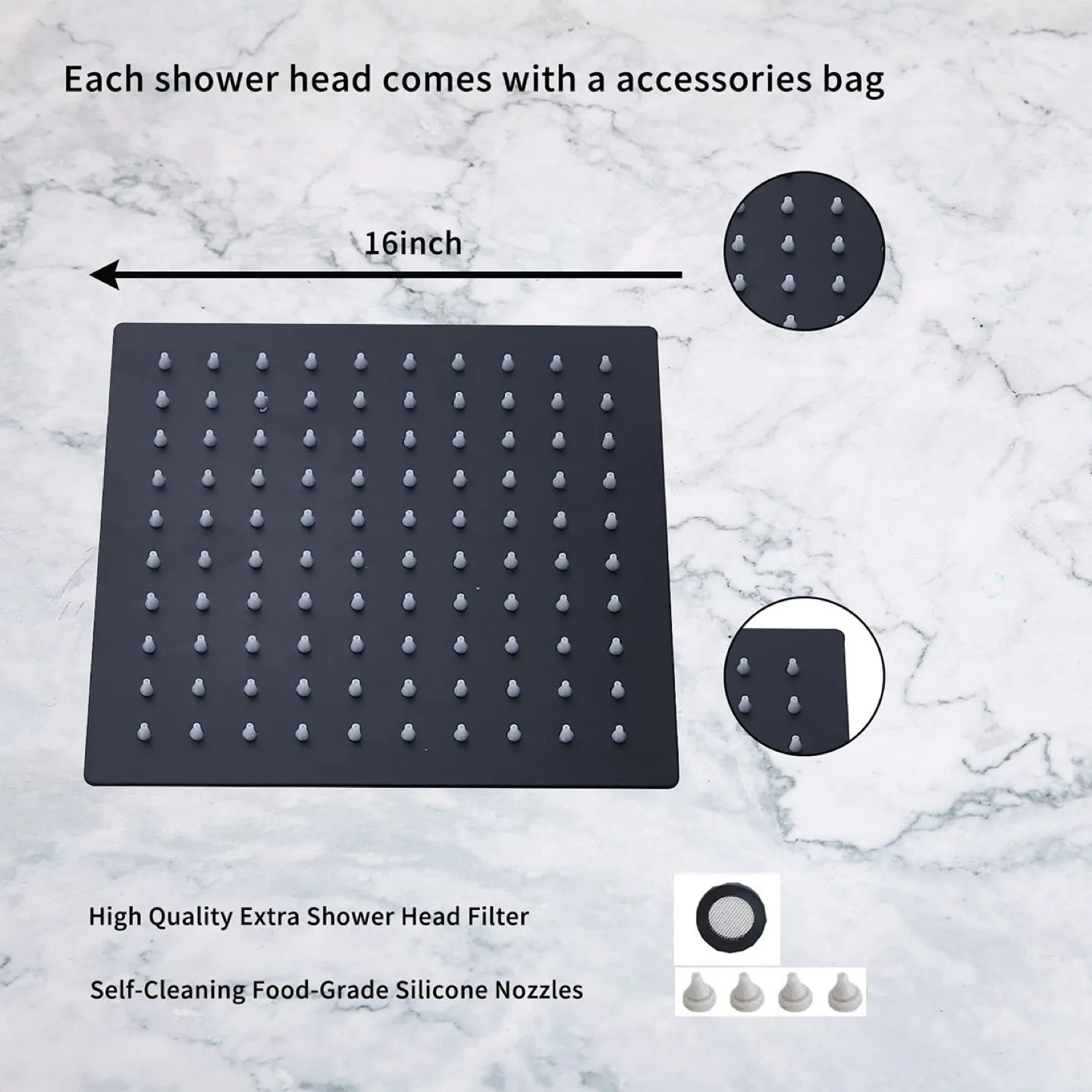 16 Inch Square Stainless Steel Matte Black Shower Head image indicator(5)