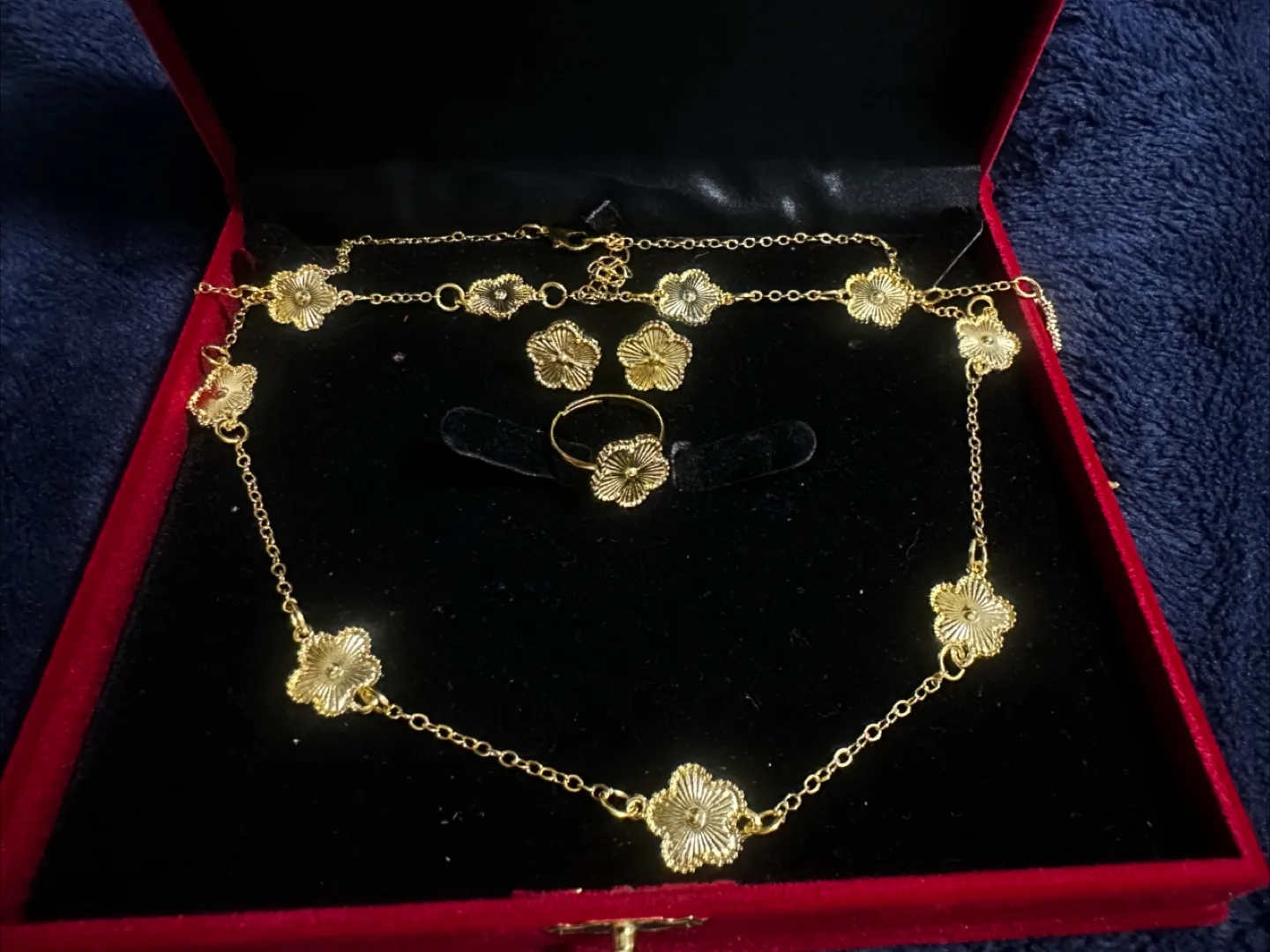 Gold Flower Jewelry Set - Necklace, Earrings, Ring thumbnail
