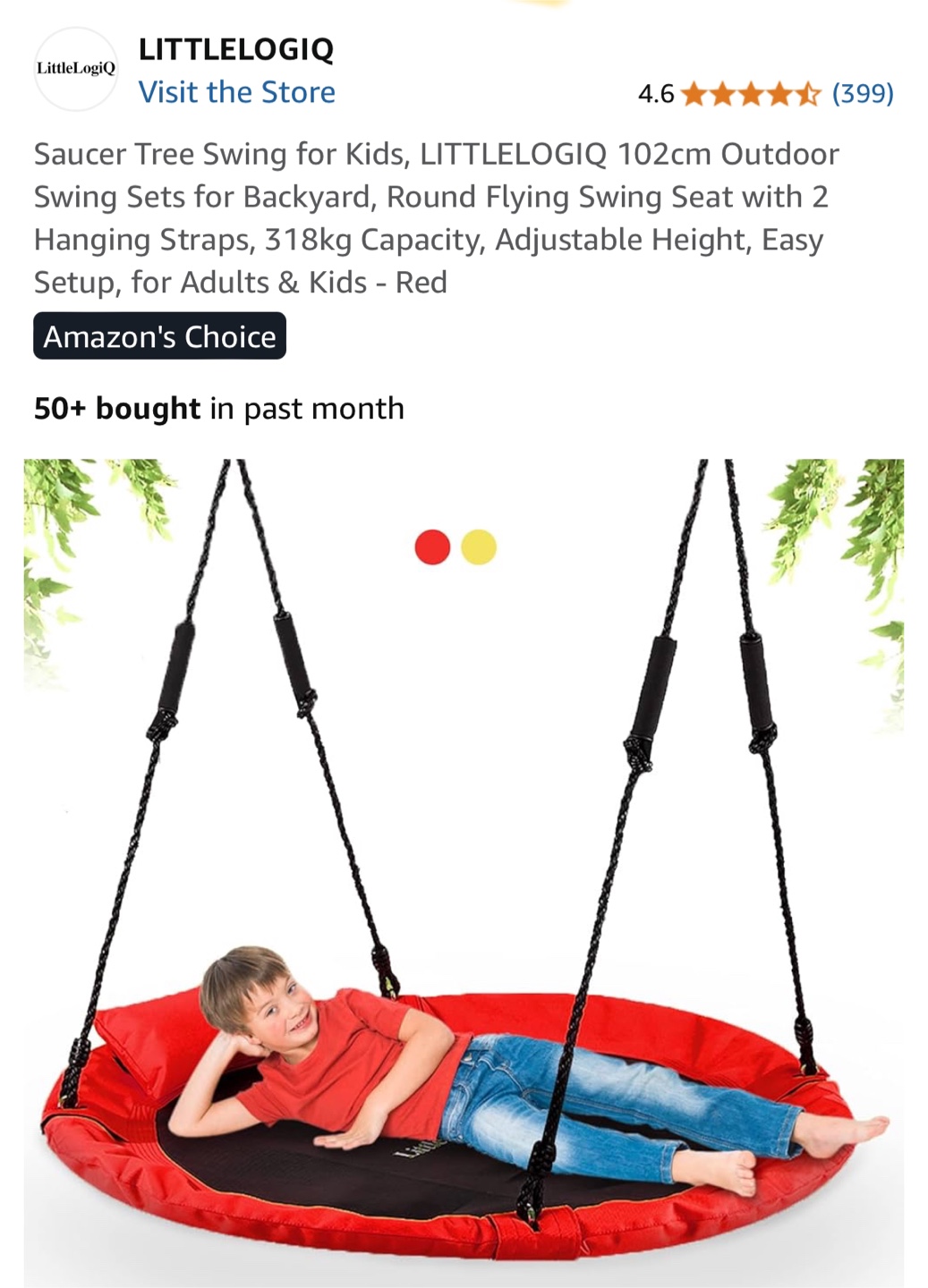 LittleLogiq Saucer Tree Swing for Kids - Red