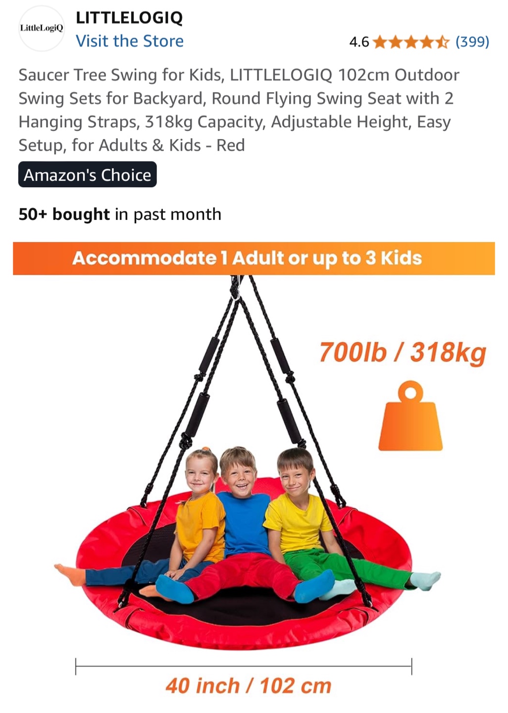 LittleLogiq Saucer Tree Swing for Kids - Red - photo 3