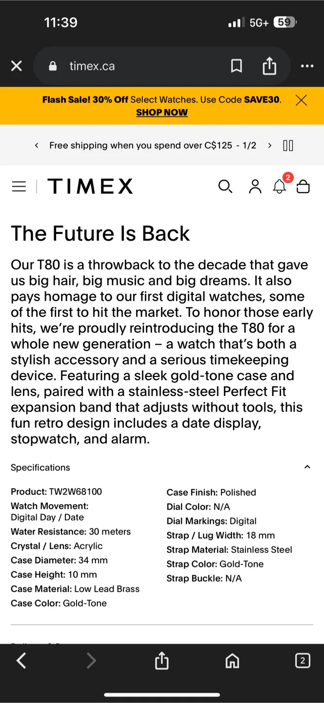 Timex T80 Gold Digital Watch image indicator(6)