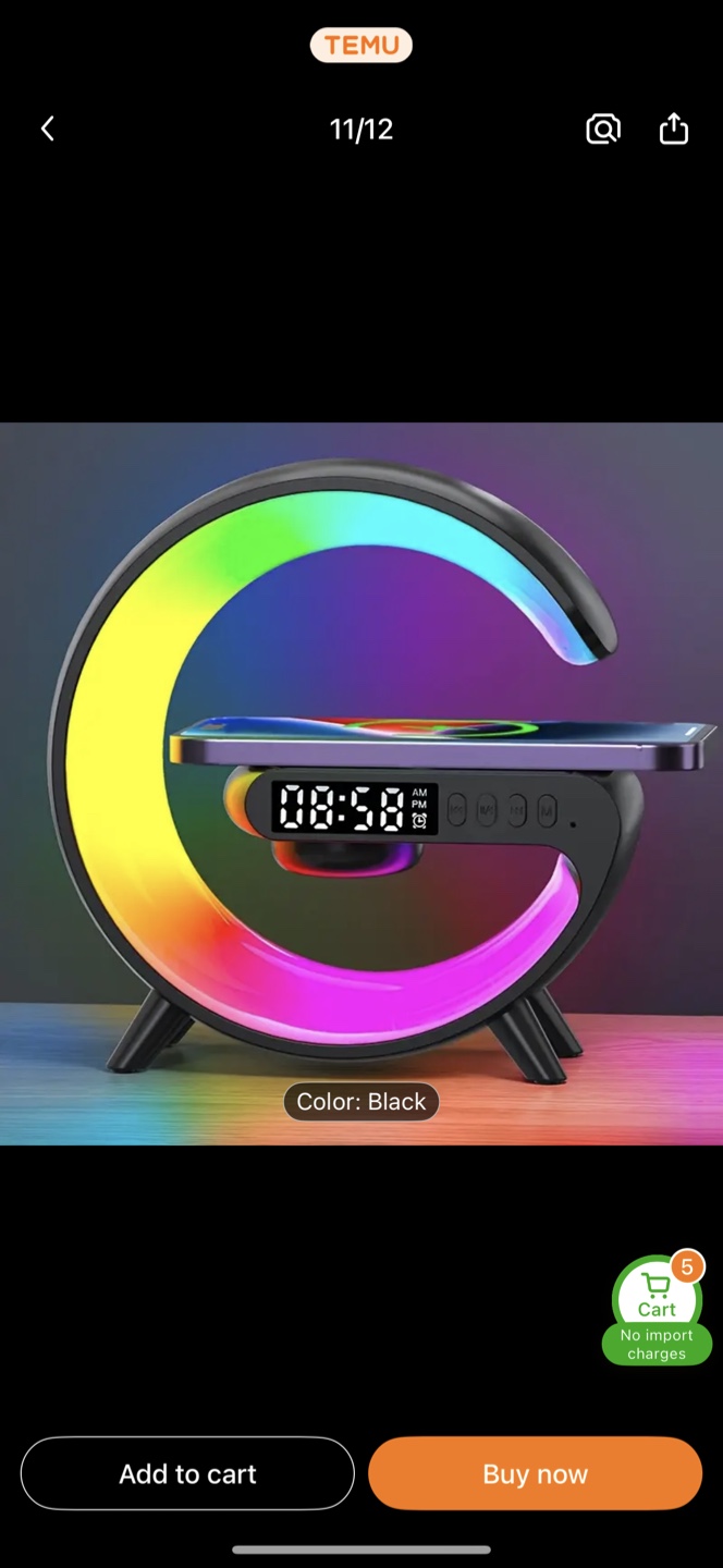 Black Temu LED Charging Lamp with Clock