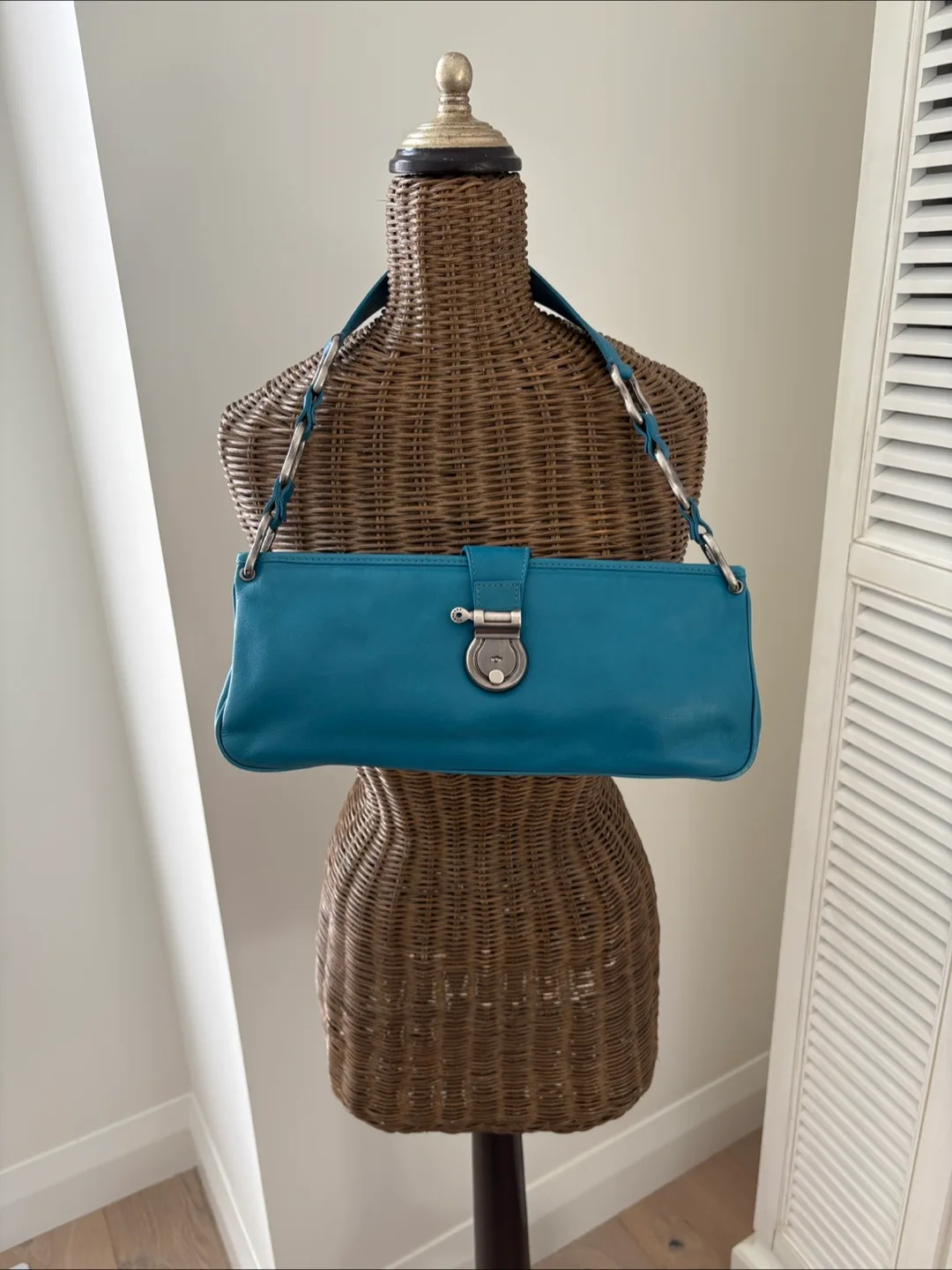 Burberry Teal Shoulder Bag with silver link Strap * snap closure thumbnail