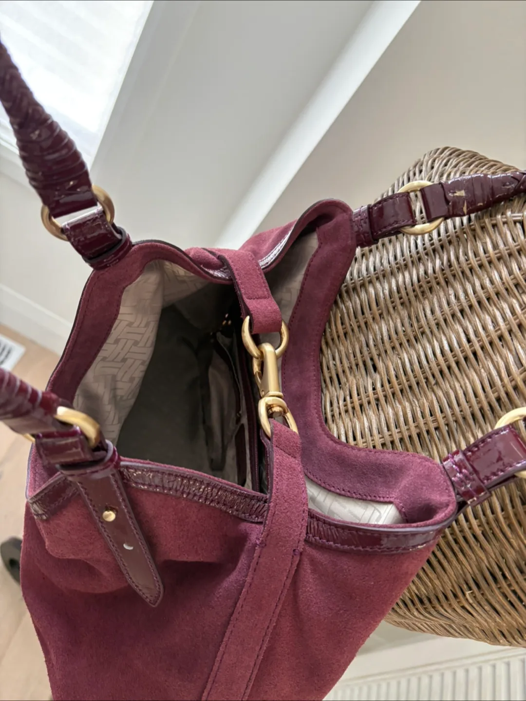 Cole Haan Suede / Patent Leather woven Handle Bag * Mulberry image indicator(2)