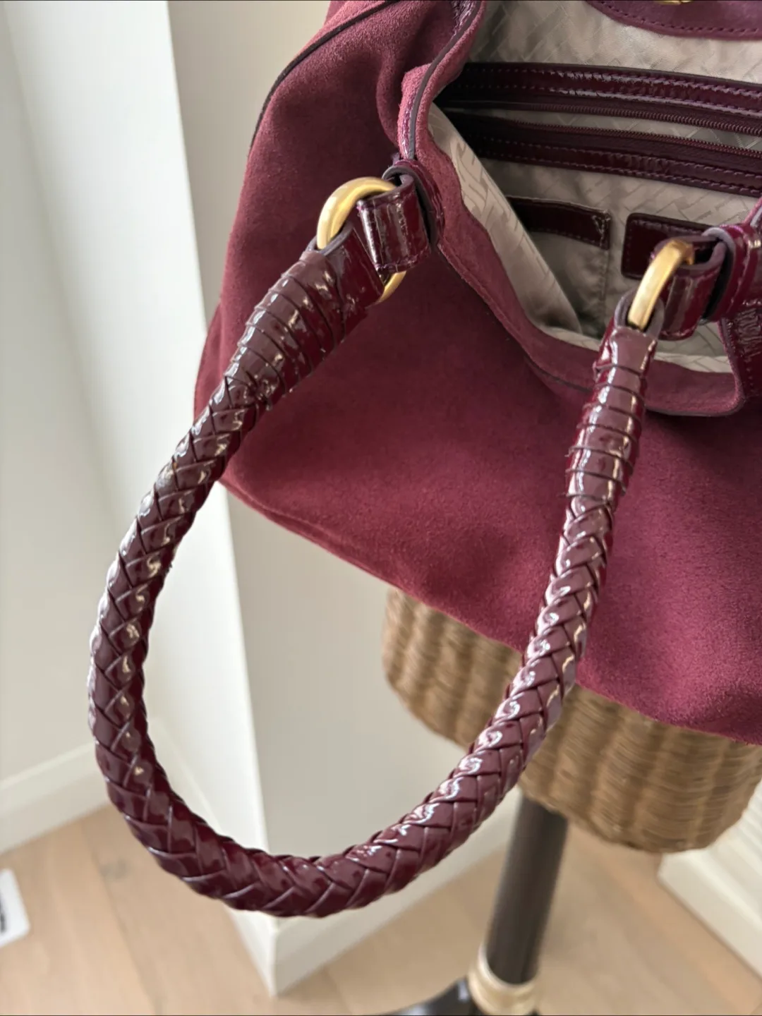 Cole Haan Suede / Patent Leather woven Handle Bag * Mulberry image indicator(3)