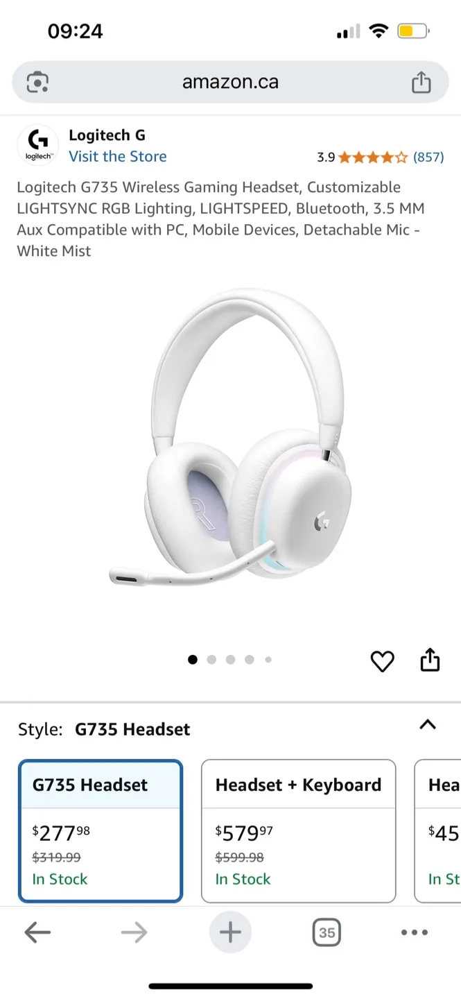 Logitech G735 Wireless Gaming Headset - White Mist thumbnail