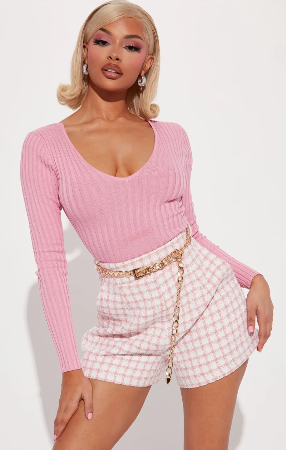 Fashion Nova Pink Ribbed Long Sleeve Top - XL thumbnail