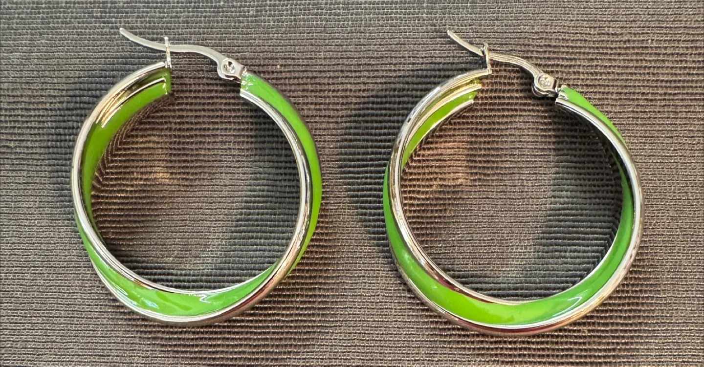 CLEARANCE!! Chartreuse Hand Enameled Hoops S. Steel Silver 1.5” image indicator(4)