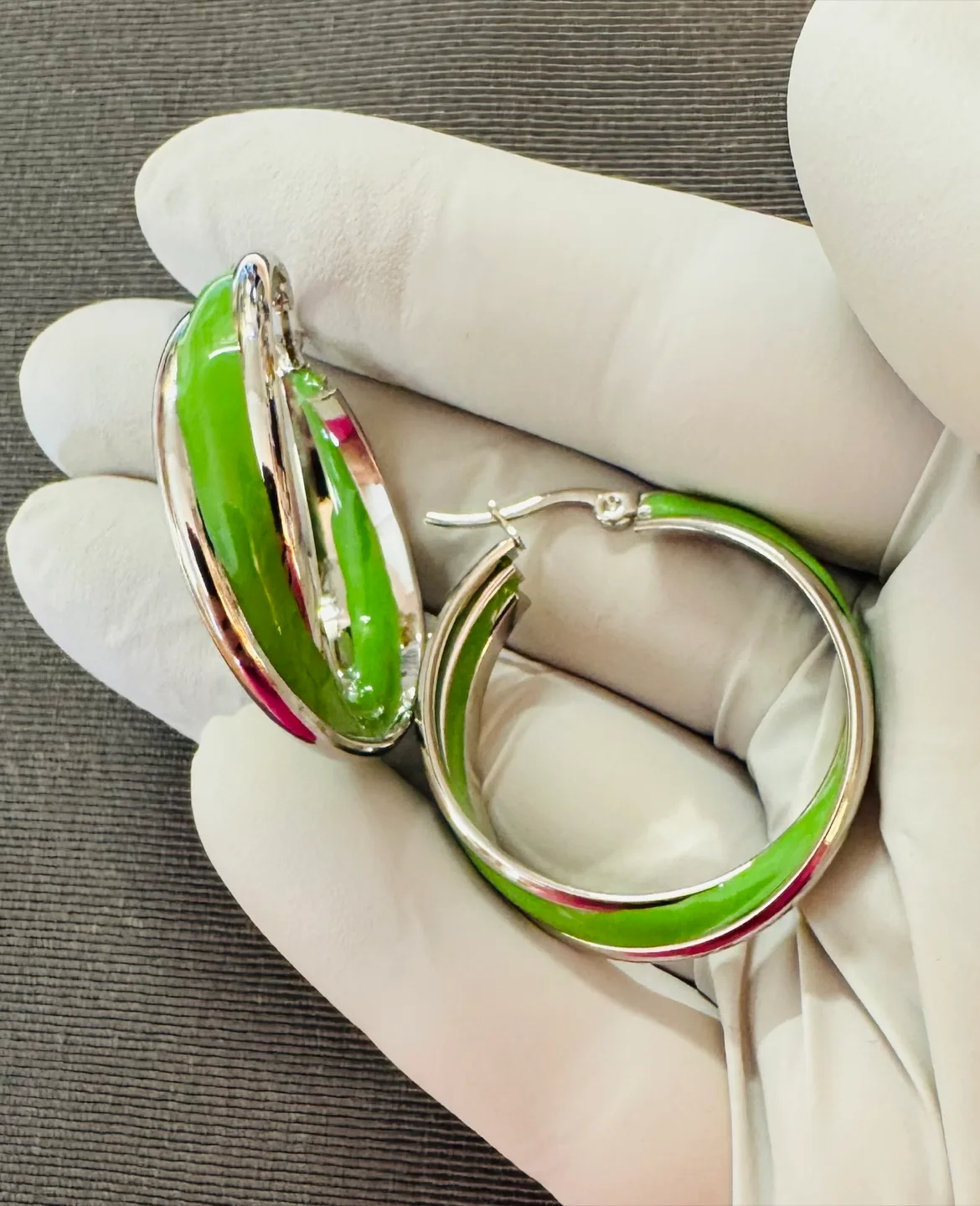 CLEARANCE!! Chartreuse Hand Enameled Hoops S. Steel Silver 1.5” image indicator(5)