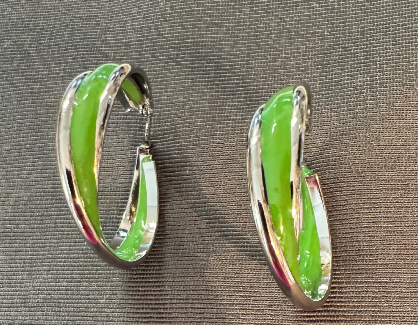 CLEARANCE!! Chartreuse Hand Enameled Hoops S. Steel Silver 1.5” image indicator(3)