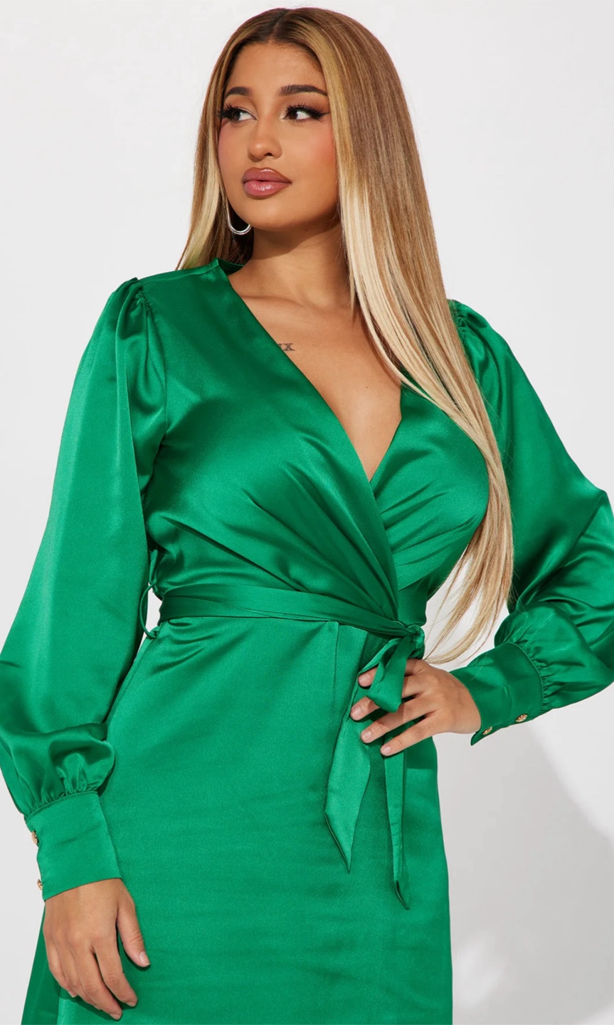 Brand New! Fashion Nova Green Satin Wrap Dress - L - photo 2