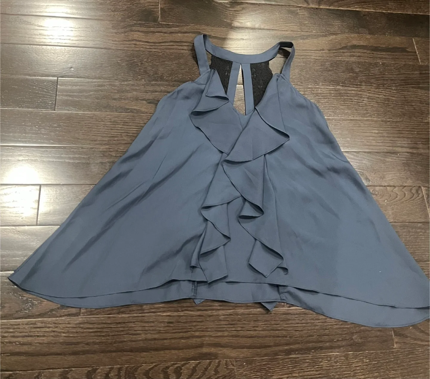 BCBGeneration Blue/Black Ruffle Lace Sleeveless Blouse sz Small thumbnail