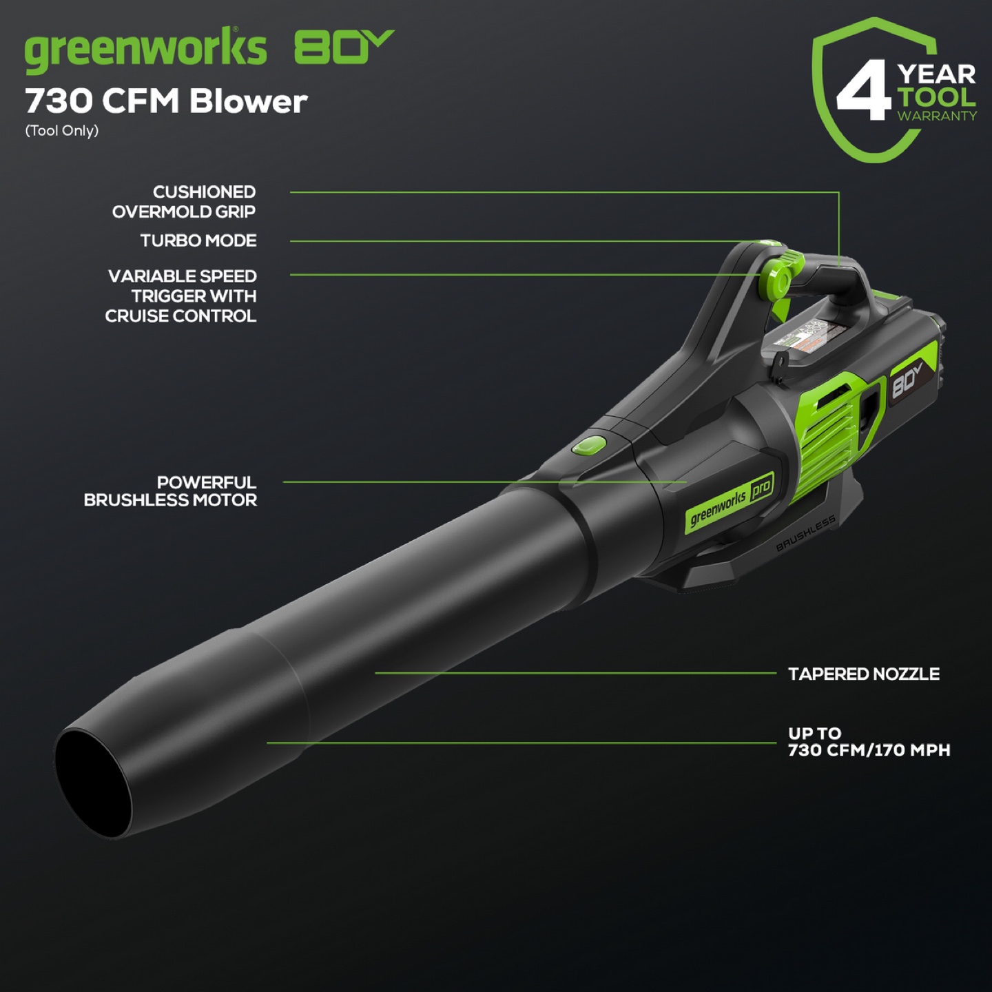 Greenworks 80V Leaf Blower 730CFM (Tool Only) - photo 2