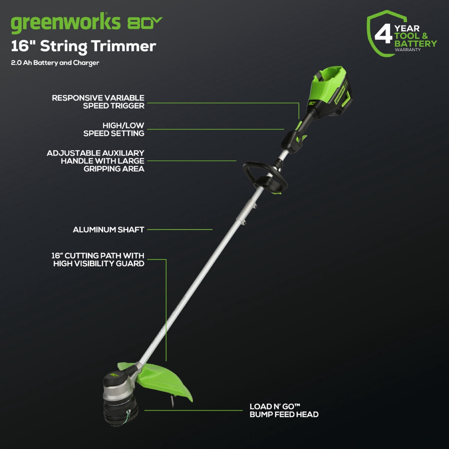 Greenworks 80v 16” String Trimmer (Tool Only) - photo 2