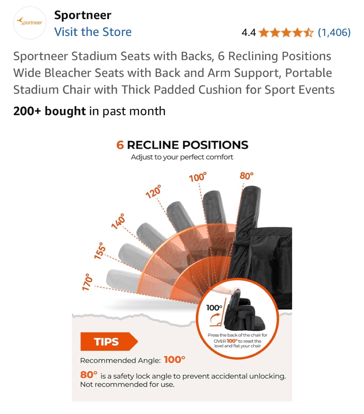 Sportneer Stadium Seats with Backs, 6 Reclining Positions - photo 3