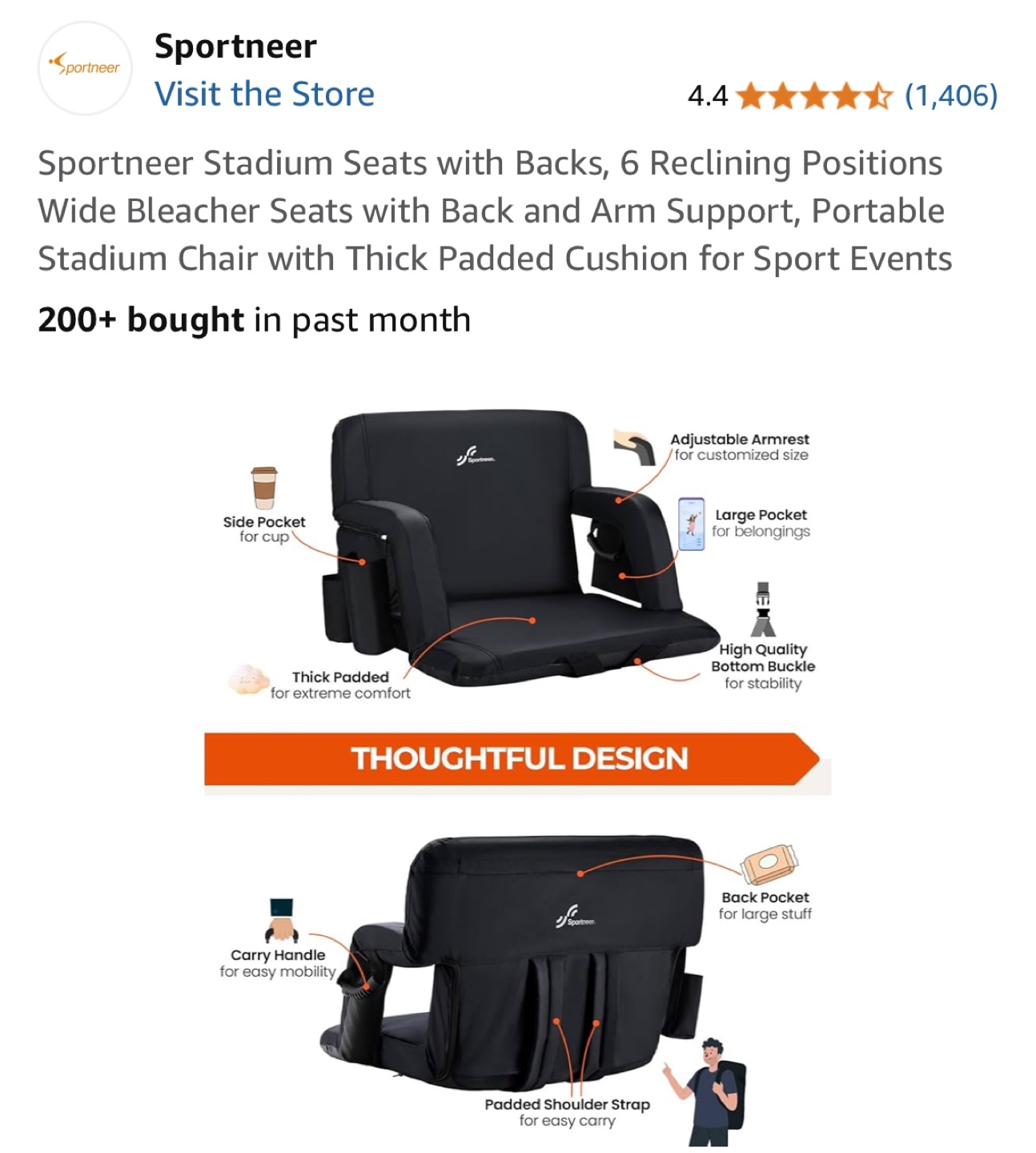 Sportneer Stadium Seats with Backs, 6 Reclining Positions - photo 4