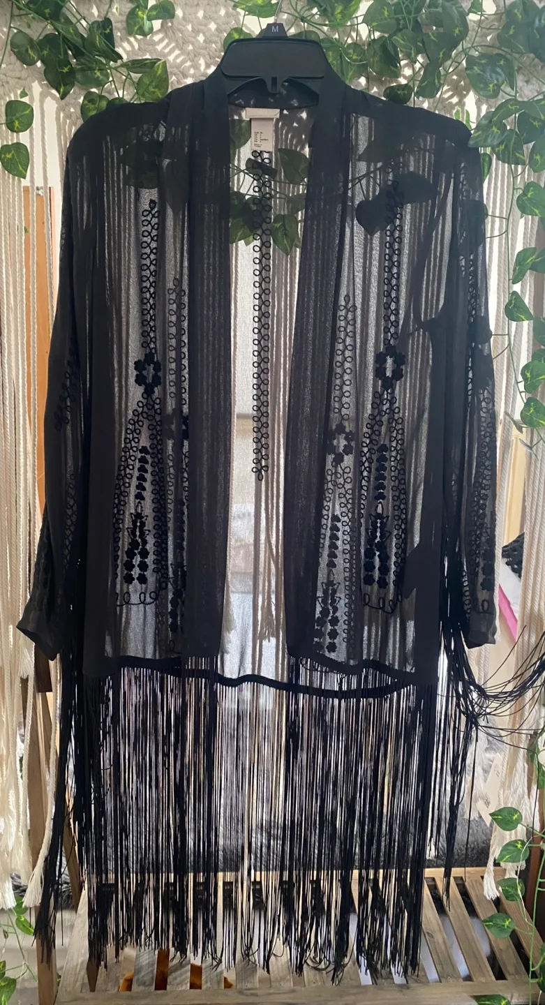 H&M charcoal grey Fringe Kimono - Size 4 thumbnail