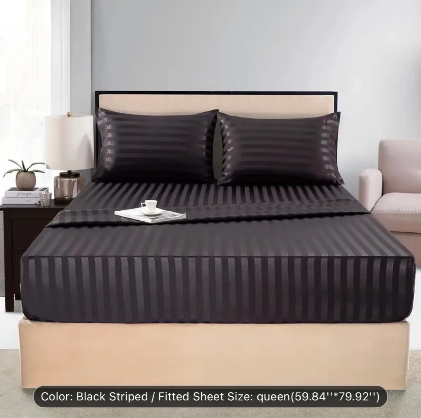 Queen Size Black Striped Fitted Sheet Set - New! thumbnail