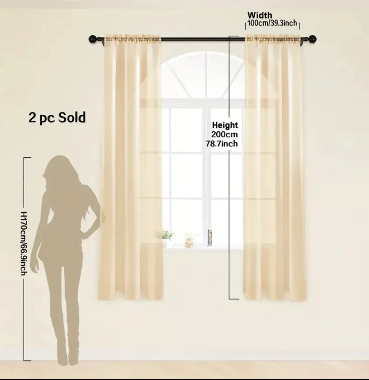 2 Beige Sheer Curtains 78.7"x39.3" thumbnail