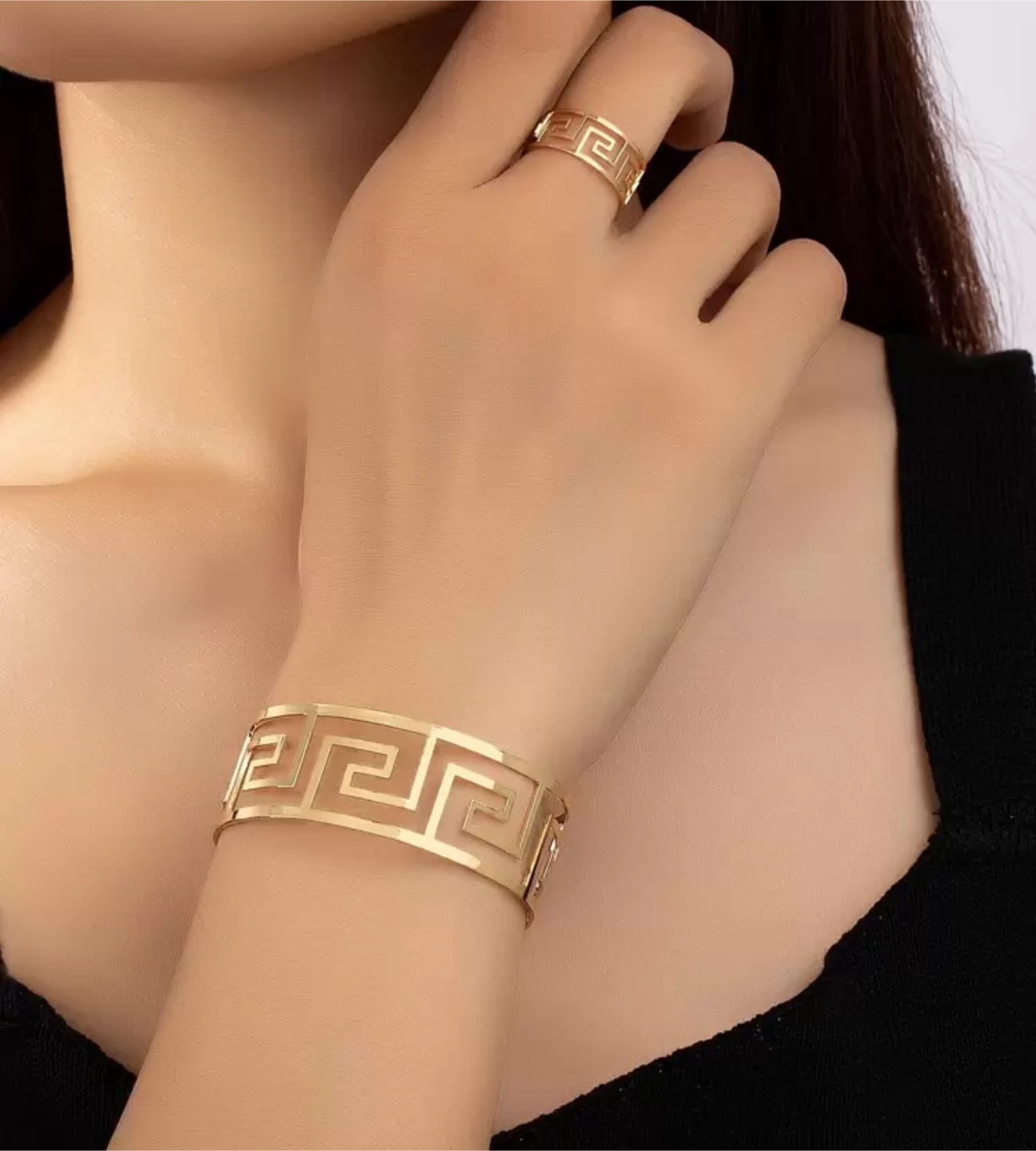 Gold Greek Key Bracelet and Ring Set
