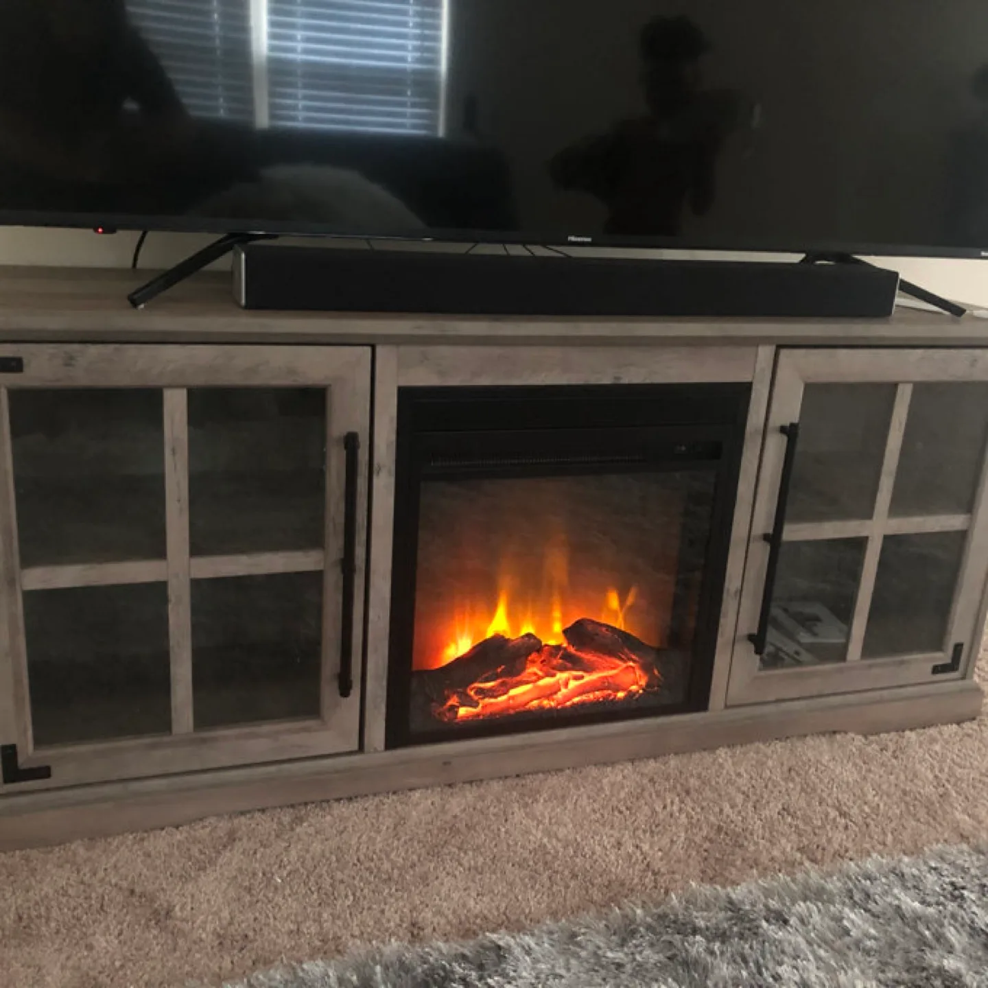 New Large 60" 2 Door Grey Wash Fireplace TV Stand Console thumbnail
