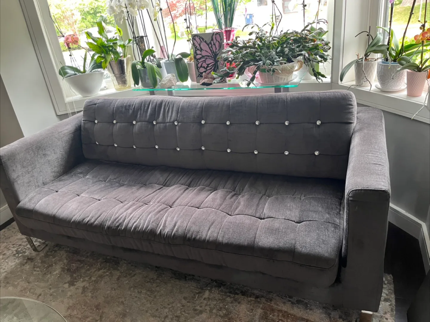 Grey Tufted Sofa with crystal thumbnail