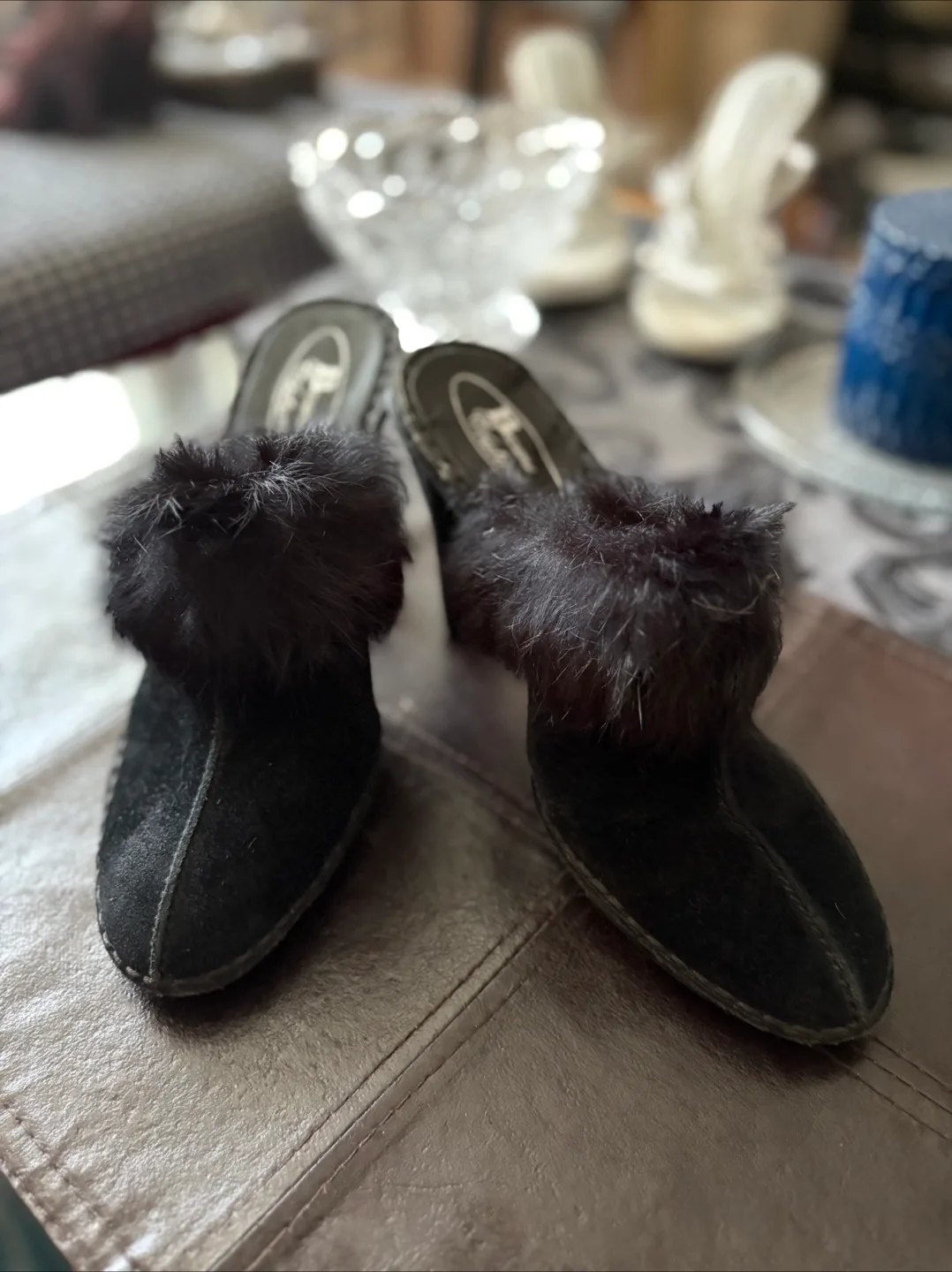 Browns Couture Black Furry Suede Mule Heels thumbnail
