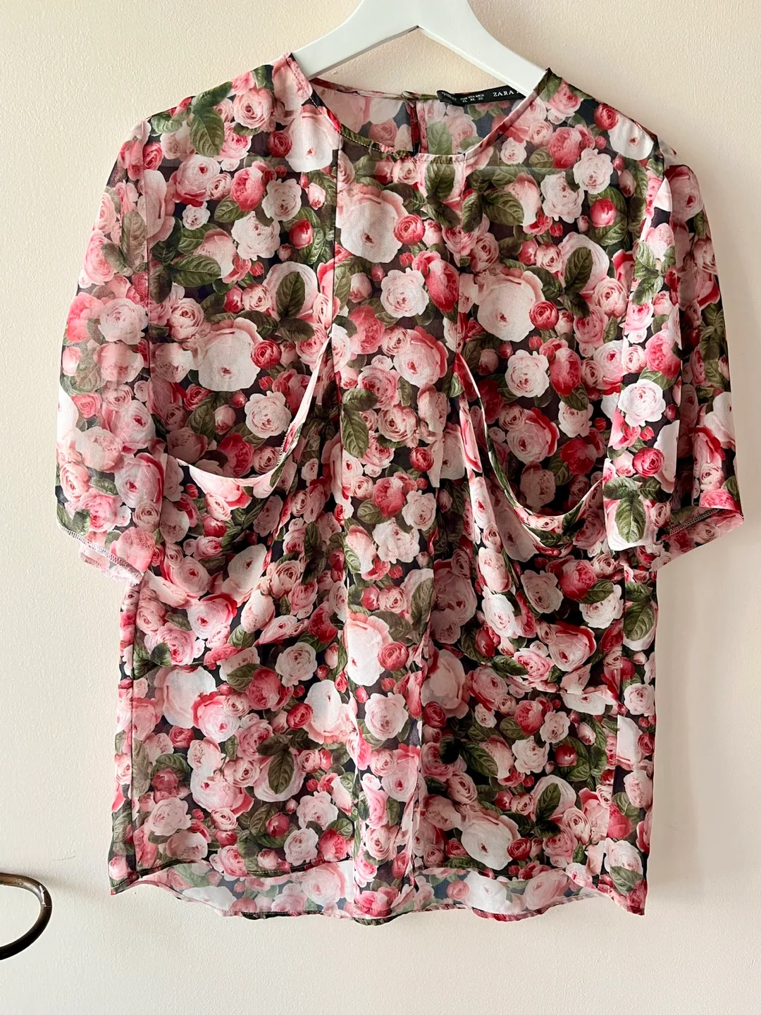 Zara Floral Print Pink Roses Blouse - Size XL thumbnail
