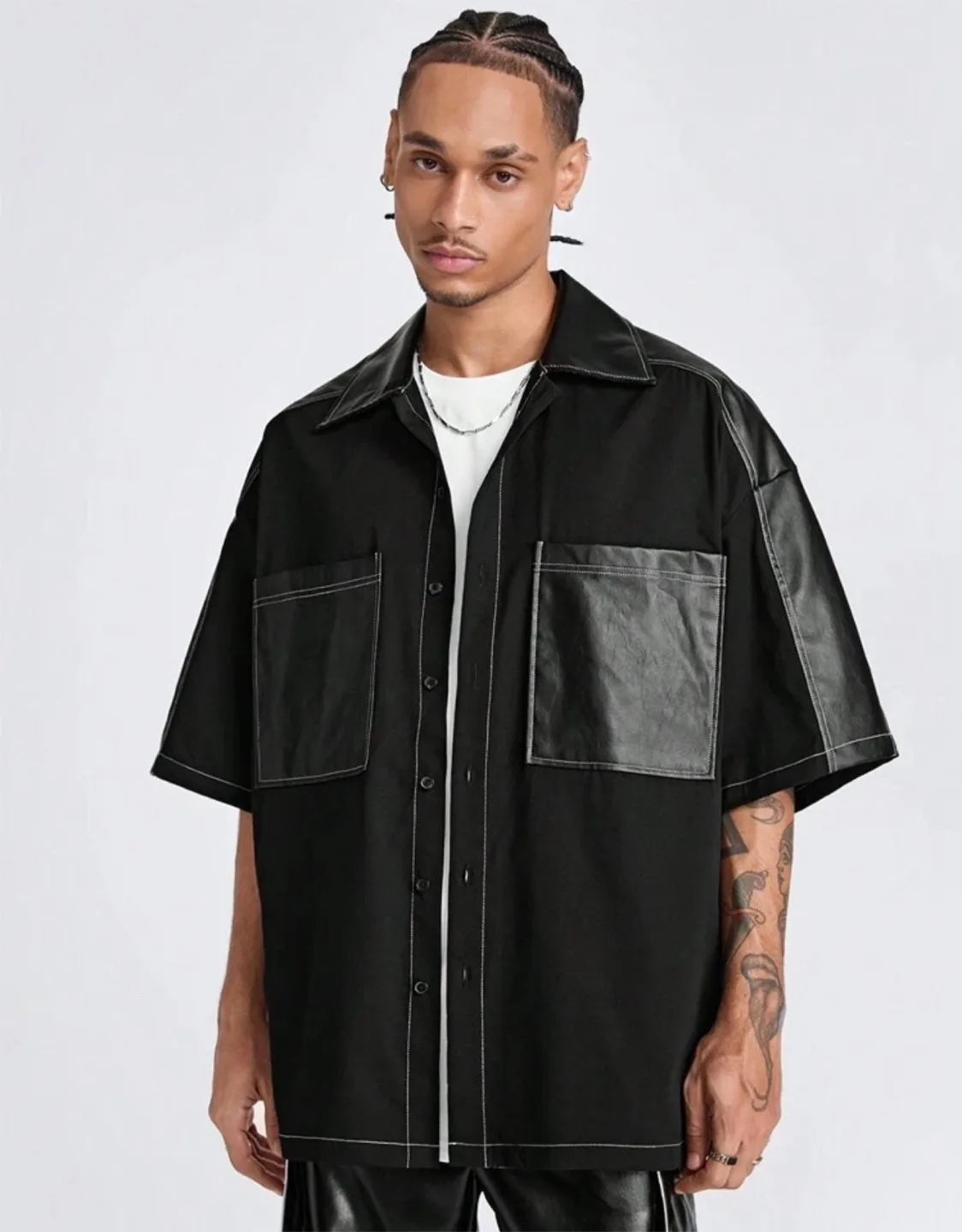 Men's Black Contrast PU Leather Panel Shirt thumbnail