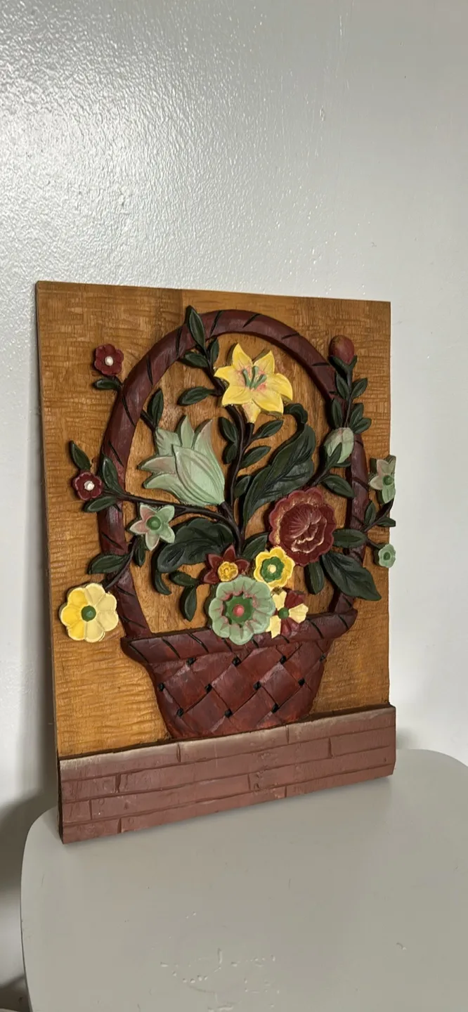 Vintage Floral Basket Wood Wall Art thumbnail