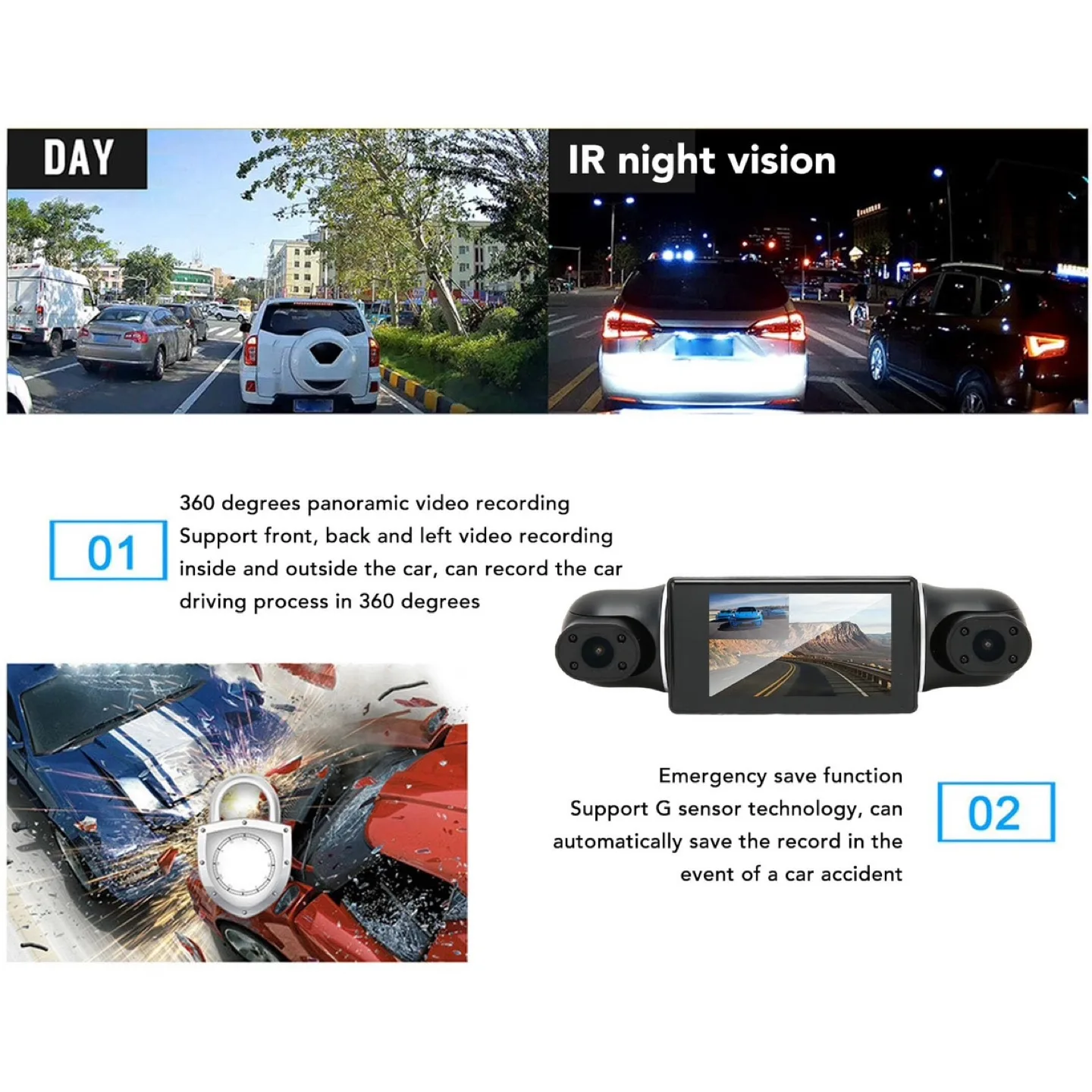 4 Channel Dash Cam, Quad Camera FHD 1080P* - 3” Display image indicator(3)