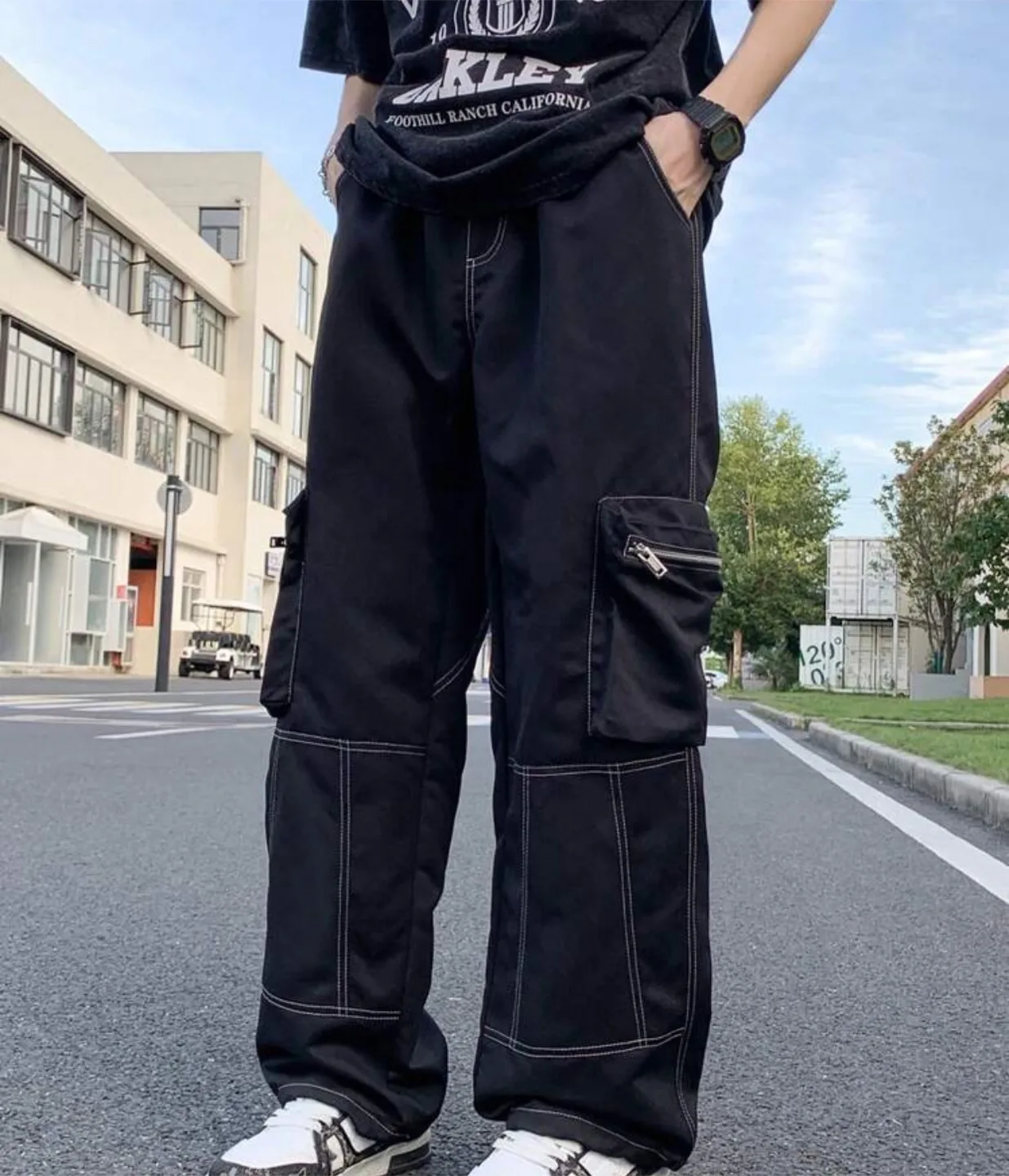Black Cargo Pants with White Stitching thumbnail