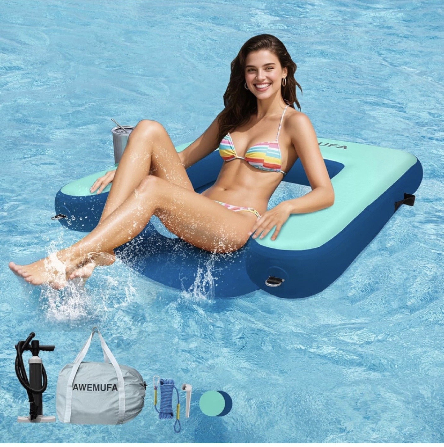 AWEMUFA Inflatable Lounge Float Chair - Blue/Green