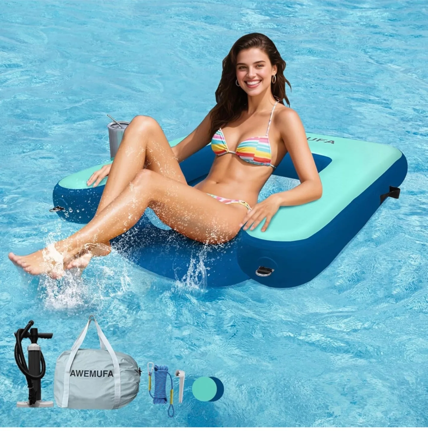 AWEMUFA Inflatable Lounge Float Chair - Blue/Green thumbnail