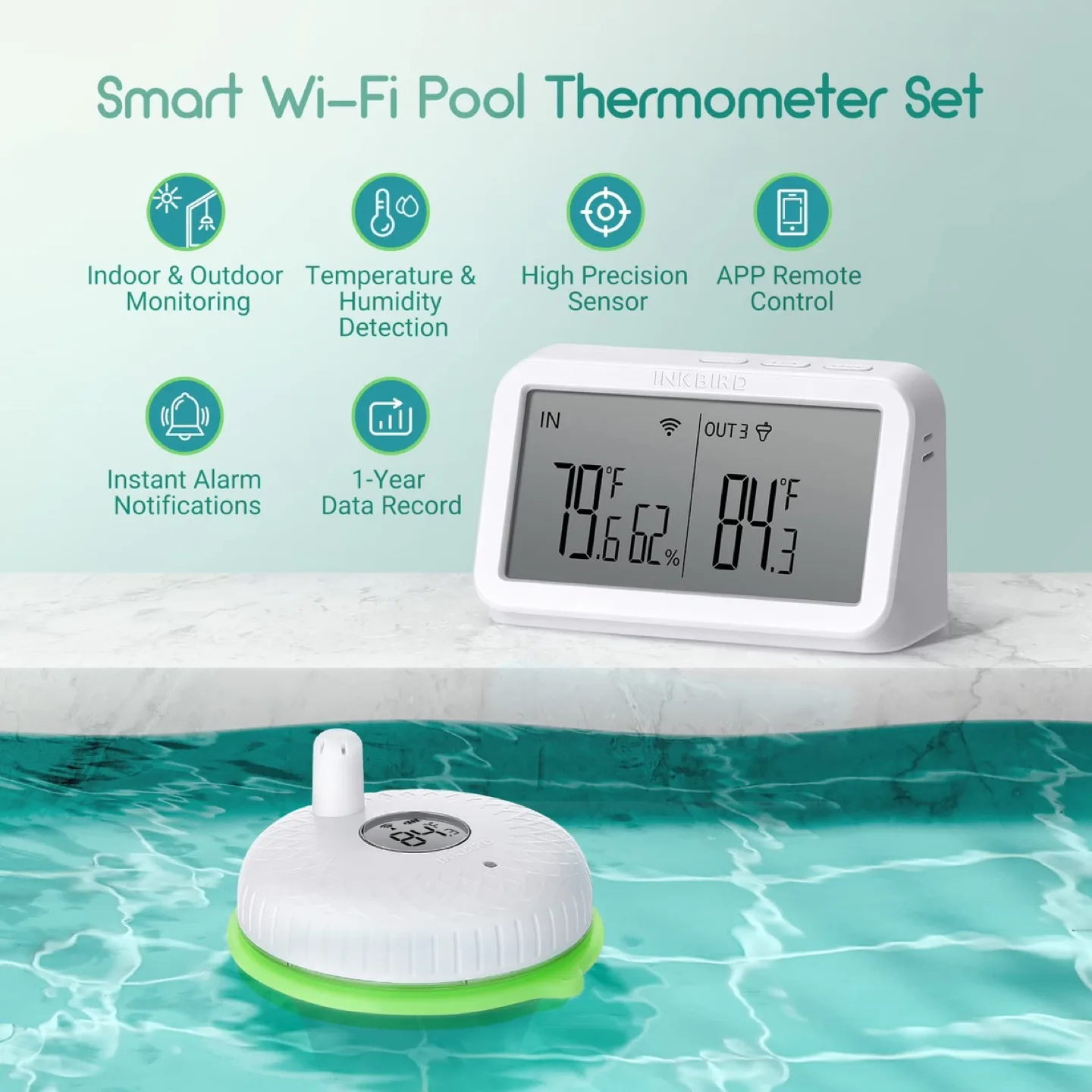 INKBIRD IBS-P02R Pool Thermometer w IBS-M2 Wi-Fi Gateway Combo image indicator(2)