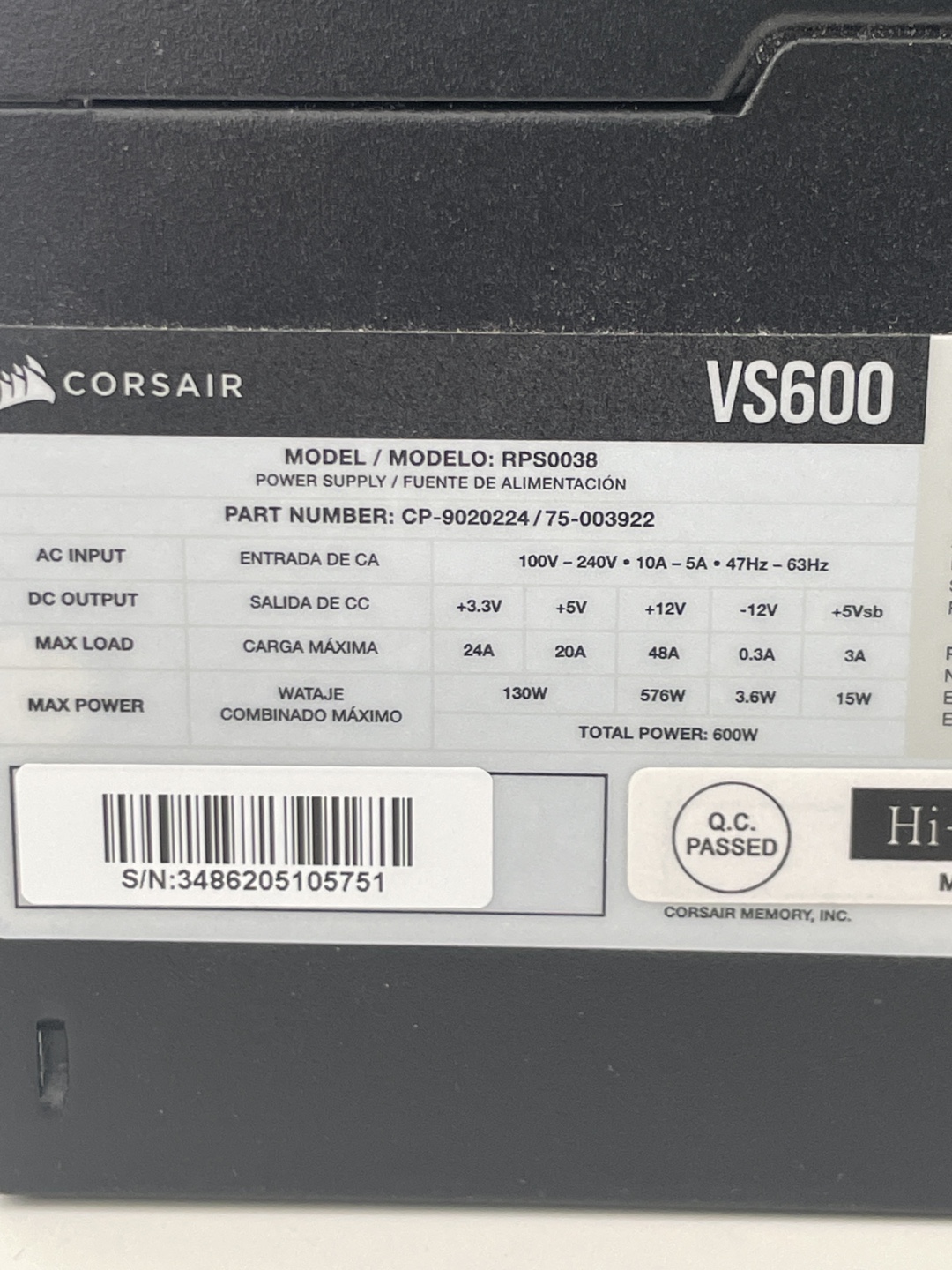 Corsair VS600 Power Supply - photo 3