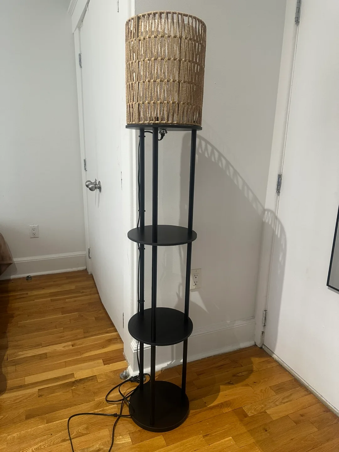 Rattan & Fabric Shade Floor Lamp with Shelves thumbnail