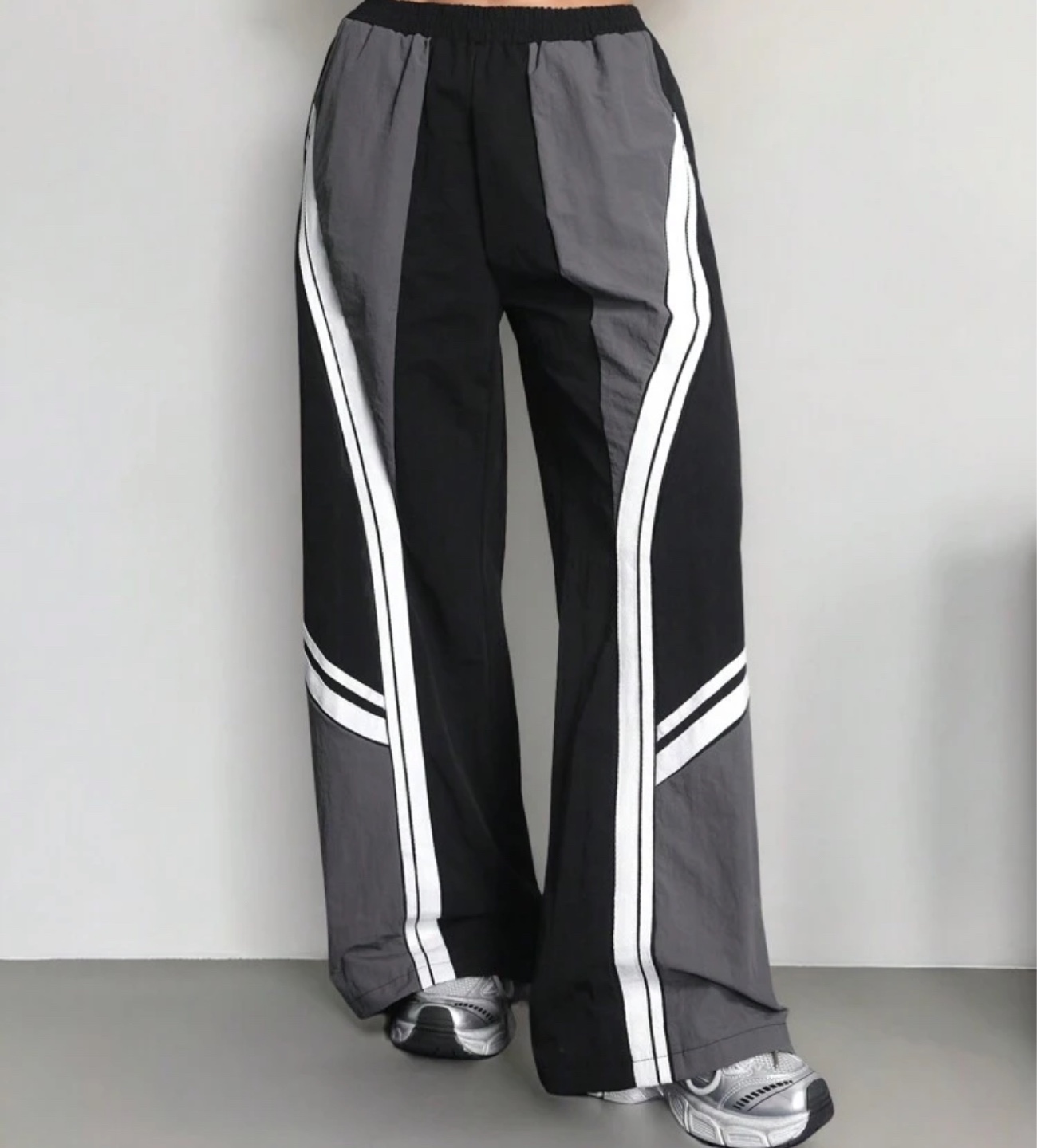 Black & Grey Wide Leg Track Pants