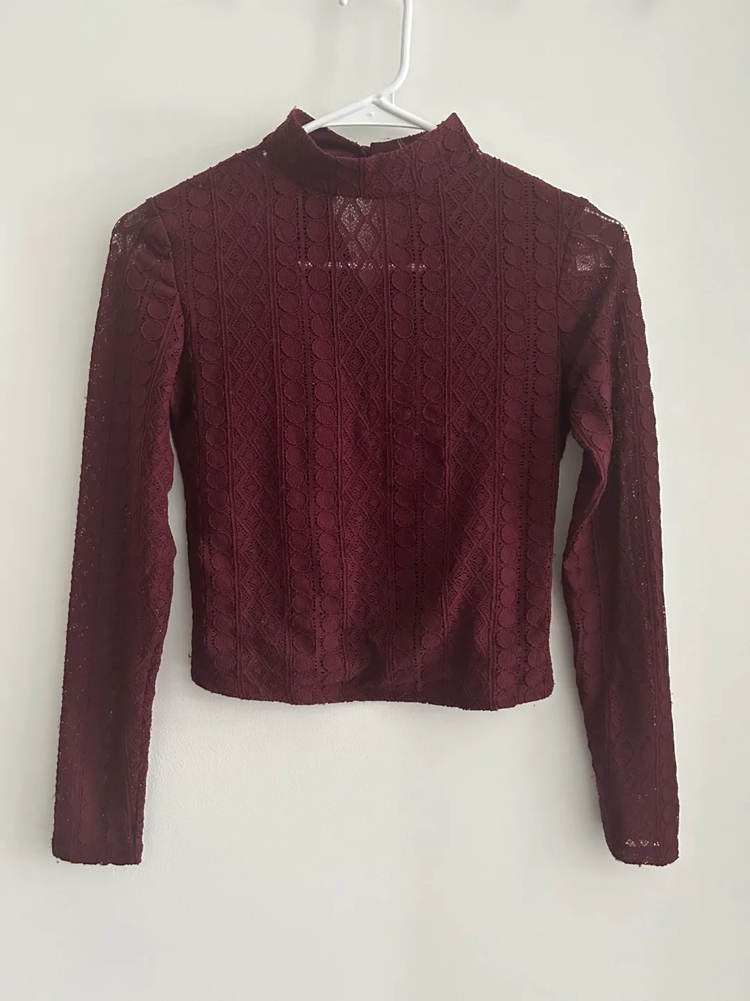 Burgundy Lace Mock Neck Long Sleeve Top thumbnail