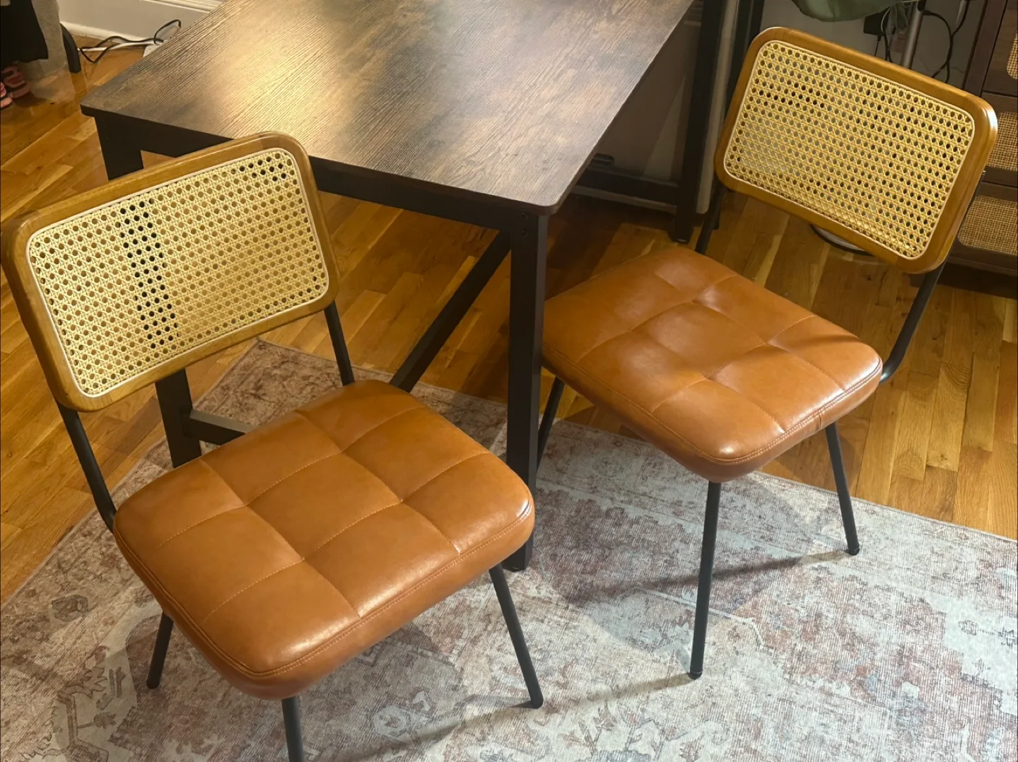 2 Rattan Dining Chairs - Brown Leather Seat thumbnail