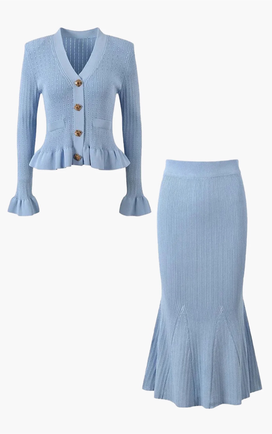 Brand New! Micas - Blue Solid Knit Button Top & Skirt Set