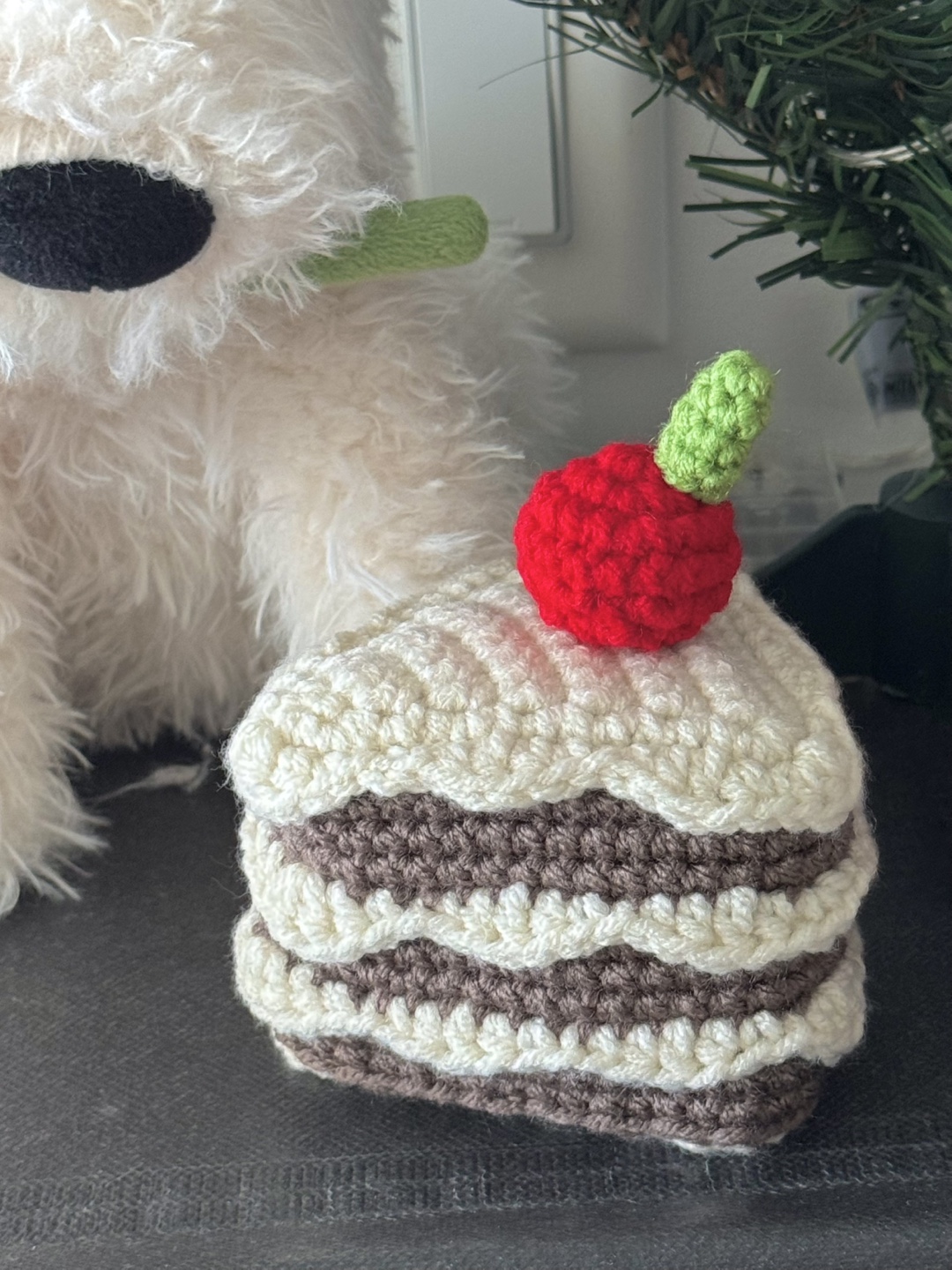 Handmade crochet JellyCat cream chocolate cake