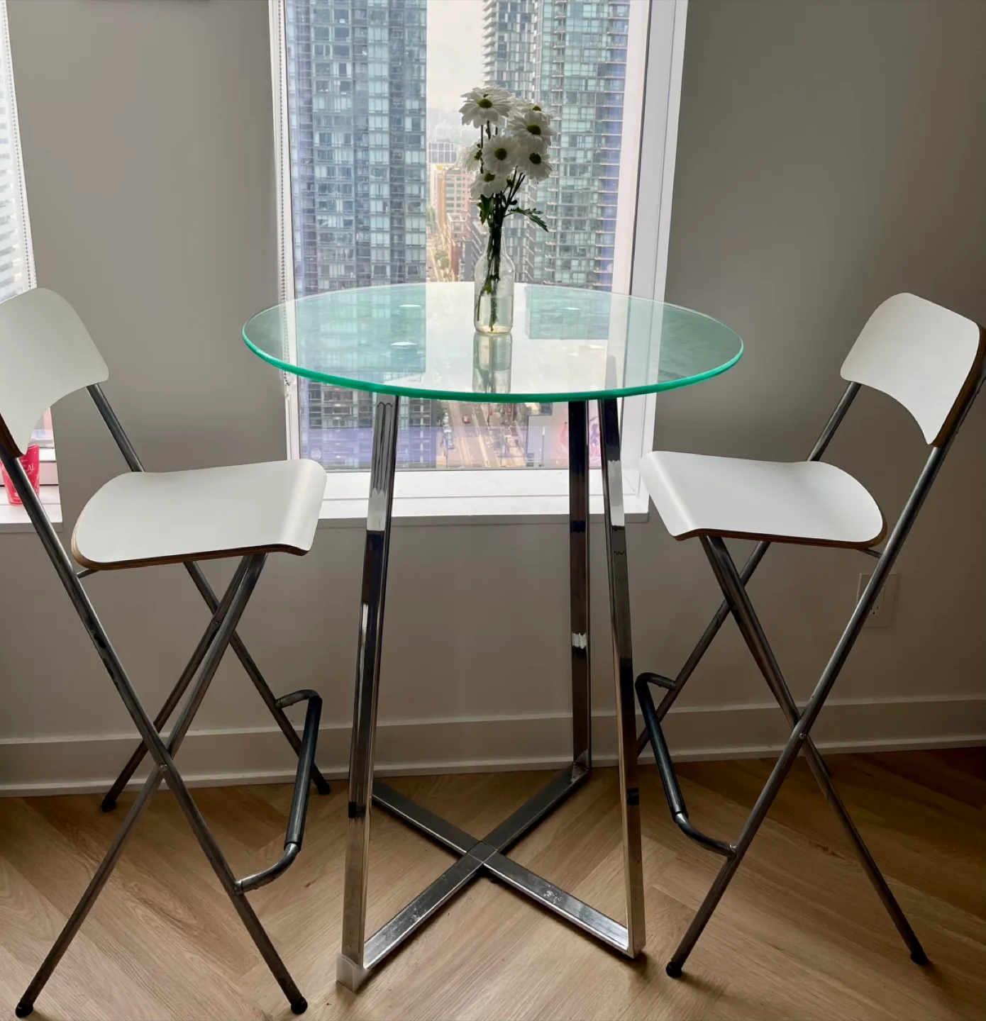 For Sale: Round Glass Top Metal Base Dining Table + 2 Bar Stools thumbnail
