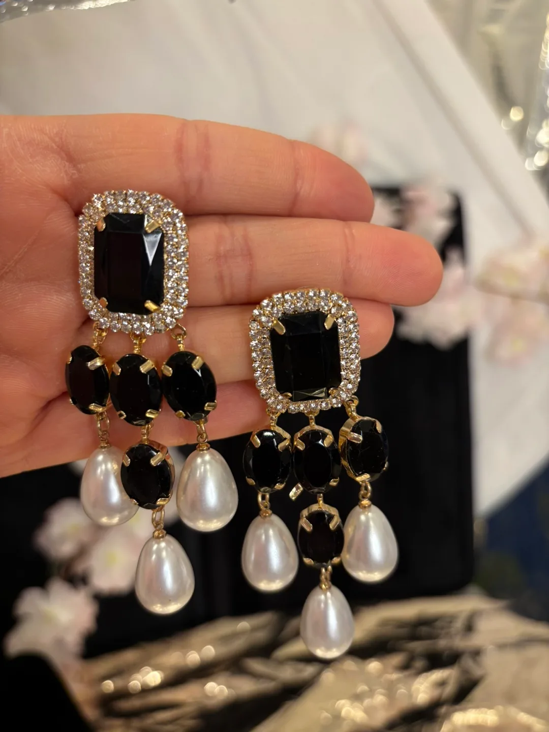Black & Pearl Dangle Earrings thumbnail