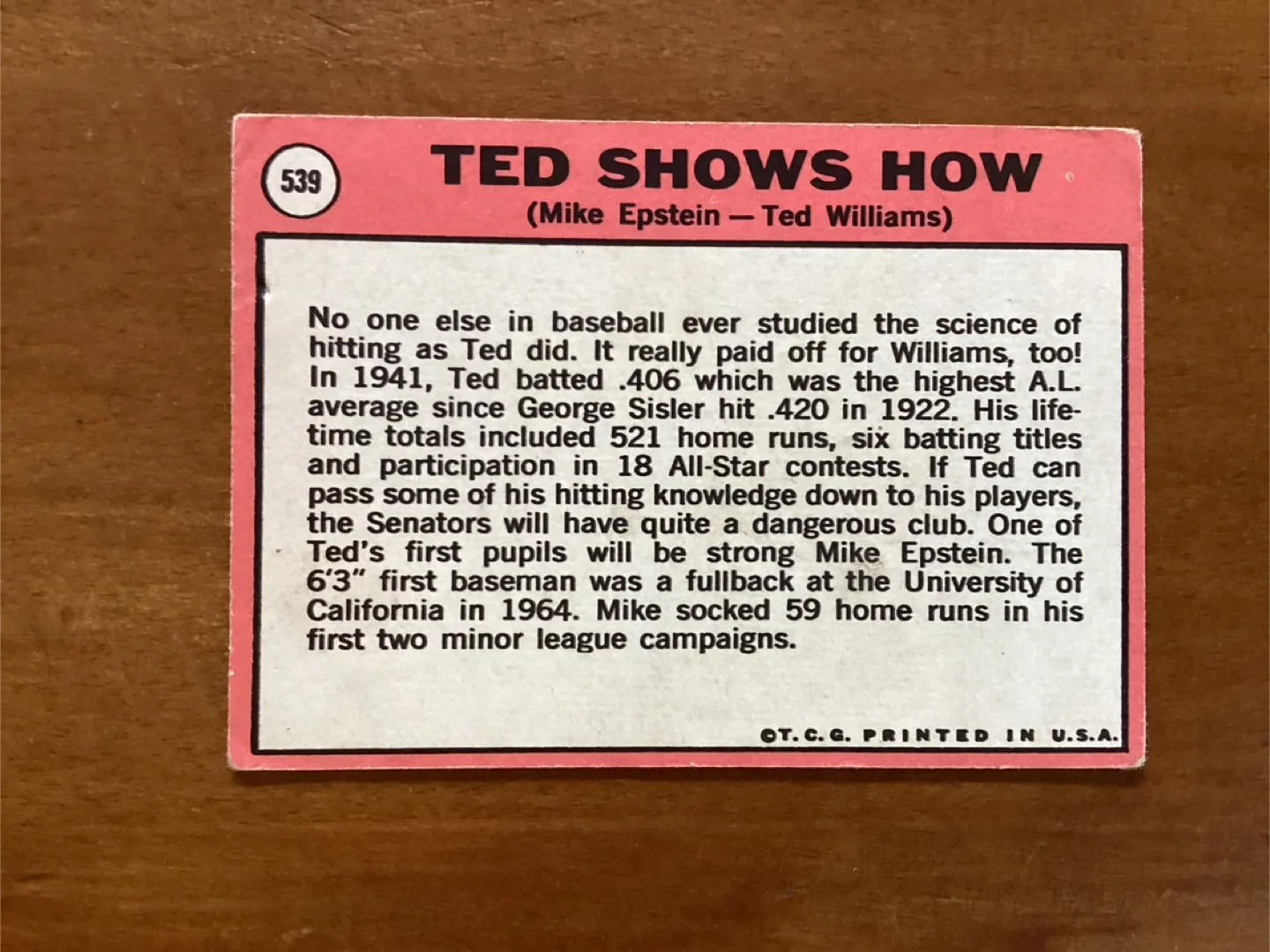 1969 TOPPS “TED SHOWS HOW” TED WILLIAMS & MIKE EPSTEIN Card 539 image indicator(2)