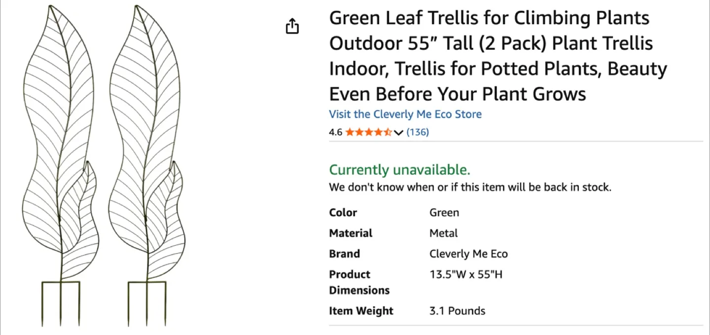 Cleverly Me Eco Green Leaf Trellis - 55" Tall thumbnail